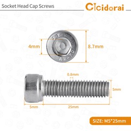 Cicidorai M5-0.8 x 25mm Socket Head Cap Screws Bolts, 304 Stainless Steel (A2-70), Allen Socket Drive, Bright Finish, Full Machine Threads, Quantity 50