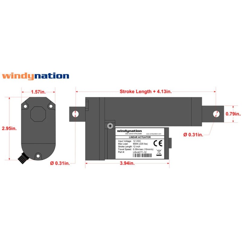 Windy Nation Heavy Duty 4" Inch Linear Actuator Stroke 225