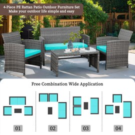 Shintenchi 4 Piece Patio Ratten Set Outdoor Furniture Set Wicker Conversation Set with Cushions and Tempered Glass Tabletop,Blue