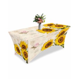 Sunflower Tablecloth, Vintage Farmhouse Sunflower Rose Plant Table Skirts for Rectangle Tables 6ft Elastic Wrinkle Table Cover for Banquets, Weddings, Parties Indoor Outdoor Decor 72Lx30Wx30H Inch