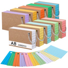 Pack of 1000 Index Cards, A8 Lined Flashcards with Kraft Cover and Loose Leaf Ring, 150 g/m² Flashcards in 10 Colours for Vocabulary Learning, School, Office, Home (7.4 x 5.2 cm)