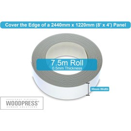 WoodPress® 30mm Matt White Melamine Edging, Pre-Glued Veneer Tape – 7.5m Roll - Iron-On for Easy DIY Application – Will Cover the Edge of a Standard MDF Panel