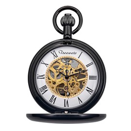 TREEWETO Pocket Watch Smooth Case Skeleton Dial Mechanical Movement with Chain