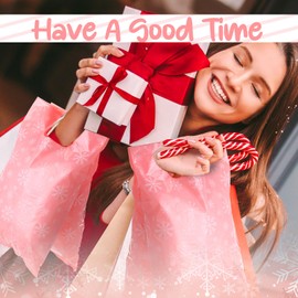 Saypacck 48 Pcs Christmas Plastic Gift Bags 8 x 12 Inch Snowflake Goodie Bags Winter Treat Bags with Handle Holiday Snow Merchandise Bag for Small Business Shopping Retail Xmas Party Favors(Pink)