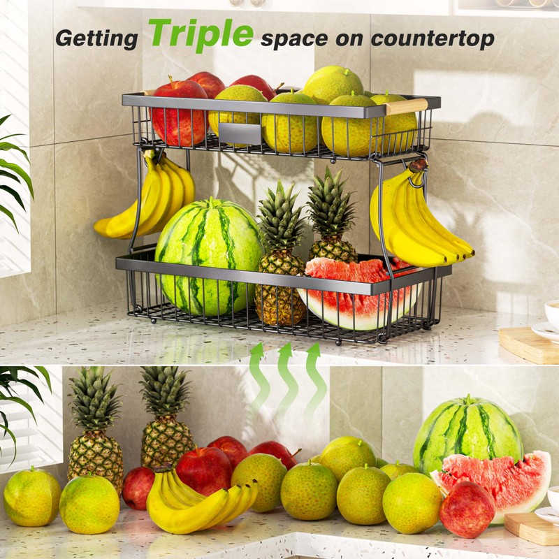 VANZBON 2 Tier Fruit Basket for Kitchen Counter,Wire Tiered Fruit