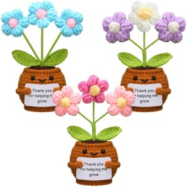 Wavwavw 3 Pcs Teacher Appreciation Gifts, Crochet Doll with Card Thank You for Helping Me Grow Teacher Thank You Gifts for Birthday Home Office Decor(Puff Flower)