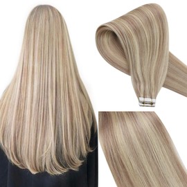 VeSunny Tape in Hair Extensions Ash Blonde Highlights Tape in Hair Extensions #18 Ash Blonde Highlights #613 Bleach Blonde Remy Tape in Hair Extensions Human Hair 10pcs 25g