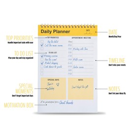 Daily Planner Notebook, To Do List Notepad, Spiral Notebook, Undated-52 Sheets-6.5" x 9.8" Checklist, Notebooks for Work, Personal Organizer Notepad, Daily Task Notebook (Yellow)