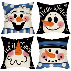 Fjfz Hello Winter Snowman Decorative Throw Pillow Covers 18 x 18 Set of 4, Let It Snow Cute Porch Outdoor Home Decor, Christmas Seasonal Snowflake Sofa Couch Cushion Case