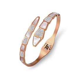 ZincSun Snake Design Cuff Bracelet Mother of Pearl Gemstone CZ Inlay Bangle Bracelet for Women(Rose gold)