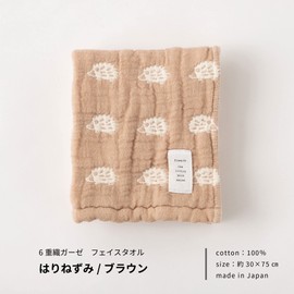 fuwara 6-ply weave gauze face towel, Approx. 11.8 x 29.5 inches (30 x 75 cm) (hedgehog/brown)