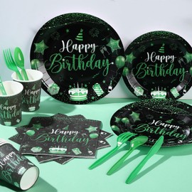 Vesici 171 Pcs Happy Birthday Party Supplies 24 Set Disposable Party Tableware include Plates Cups Napkins Cutlery and Banner Tablecloth Birthday Party Decorations for Men Woman (Black, Green)