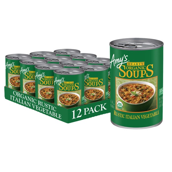 Amy’s Soup, Vegan Hearty Rustic Italian Vegetable Soup, Gluten Free, Made With Organic Beans and Rice, Canned Soup, 14 Oz (12 Pack)