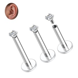 16G Labret Studs Titanium Cartilage Earring Internally Threaded Helix Earrings Silver Labret Jewellery Flat Back Lip Studs Lobe Earring with 2 mm CZ Monroe Medusa Ring Conch Lip Jewellery Sets