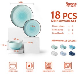 Sweese Plates and Bowls Sets, 18 Piece Dinnerware Set Porcelain Round Dinner Set for 6, Scratch Resistant Dishes Set, Dishwasher and Oven Microwave Safe Handpainted Swirl Dishware Sets, Assorted Blue