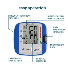 HoMedics Blood Pressure Monitor, Automatic Wrist Blood Pressure Machine with Easy One-Touch Operation, Stores up to 30 Readings for 2 Users, Attached Blood Pressure Cuff and Storage Case Included