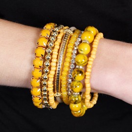 RIAH FASHION Multi Color Stretch Beaded Stackable Bracelets - Layering Bead Strand Statement Wrap Bangles (Original - Mustard, 7.0 Inches)