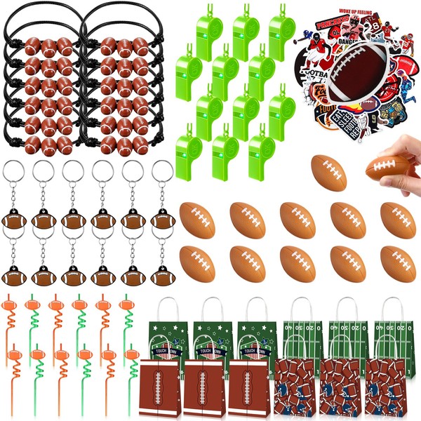 Colarr 122 Pcs Football Party Favors Set Include Key Chain Bracelets Mini Foam Football Straw Stickers Goodie Bags Whistles Football Supplies Sports Birthday Gift Decoration for Classroom Rewards