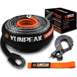 YUNPEAK Synthetic Winch Rope Kit, 3/8" x92 ft 27000LBS Winch Cable Replace Kit, with Protective Sleeve, Heavy Duty Hook, Safety Pull Strap for Off-Road 4x4 Vehicles SUV Jeep(Black)