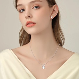 MICMIF 925 Sterling Silver Jewellery Set Women's Rabbit Pendant Chain Earrings Set Rabbit Jewellery Set Necklace Stud Earrings Silver for Women Girls, Sterling Silver Pearl, Pearl