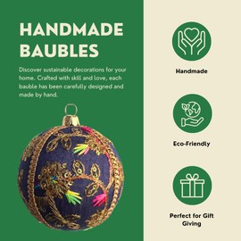 Veena 8cm Deep Blue Bauble with Gold Threadwork, Sequins & Neon Accents | Handcrafted Ornament | Luxury Holiday Décor | Sustainable Gift for Festive Celebrations