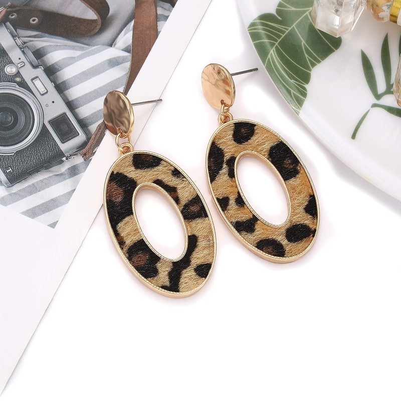 Leopard Drop Earrings Geometric Faux Leather Hoop Dangle Earring Statement