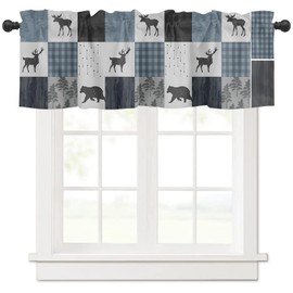 Retro Countryside Bear Moose Woods Curtain Valance for Windows/Living Room/Kitchen/Bathroom/Farmhouse, Grey Blue Buffalo Plaid Short Rod Pocket Tier Curtain Window Treatment, 1 Panel 60x18
