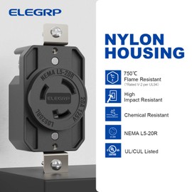 ELEGRP NEMA L5-20R Flush Mounting Locking Receptacle, Twist Lock Socket/Outlet for Generator, 20 Amp 125V 2 Pole 3 Wire Grounding, Industrial Grade Heavy Duty, UL Listed, 1 Pack, Black