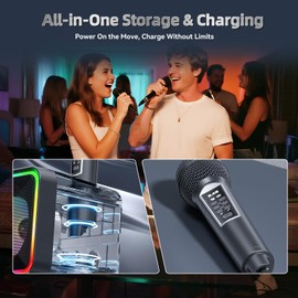 SDRD 215 Bluetooth Karaoke Machine for Adult Kid with Storage and Charging Station, Powerful Karaoke System, 12H Playtime, Rechargeable Wirless Microphone, Support USB/AUX Indoor Outdoor