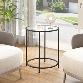 Livofloral 19.7’’ Round Glass End Table, Round Bedside Table with Tempered Glass Top, Black Glass Side Table with Metal Frame, Modern Round End Table for Living Room Balcony Bedroom Porch Patio