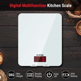ACCUWEIGHT 201 Digital Kitchen Scales Food Scale with Tempered Glass Platform Electronic Cooking Scales with Backlit LCD Display Multifunctional Scale for Home Office Use, 5kg,11lb