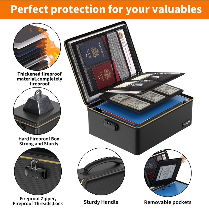 ENGPOW Fireproof Document Box,Hard Fireproof Box with Fireproof Zipper＆Lock,Fireproof Water