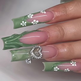FNKFNK Green French Tip Press on Nails Long Square Fake Nails with 3D Designs Glossy Cute White Flowers Coffin Glue on Nails Reusable Silver Heart Charms False Nails for Women 24Pcs