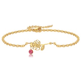 Nupdot June Birth Flower Bracelets, 14K Gold Plated Birth Month Rose Floral Birthstone Charm Bracelets Wildflower Jewelry Jun. Birthday Gifts for Women