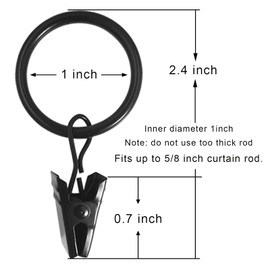 WeeksEight 100 Pack Black Curtain Rings with Clips, Curtain Hooks Hangers Clip Rings for Hanging Drapes Bows Hat, Drapery Rings 1 in I D, Fits up to 5/8 in Diameter Curtain Rod.