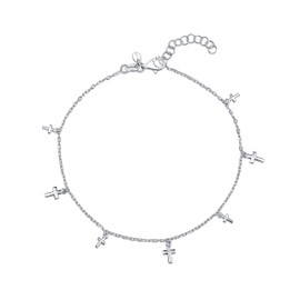 Amberta Women 925 Sterling Silver Anklet with Charms: Ankle Bracelet with Crosses - 22 + 3 cm