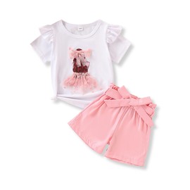 Vitalique Size 5 6 T 4th of July Toddler Outfits Clothes Ruffle Short Sleeve T-Shirts Top Summer Shorts with Belt Girl Clothing Set 2025 (5-6T)