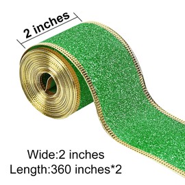 20 Yards Green Glitter Wired Ribbon with Gold Metallic Edge, 2 Inch Christmas Ribbon for Wreath, Tree Decoration, Home Decor (Green, 20 Yard)