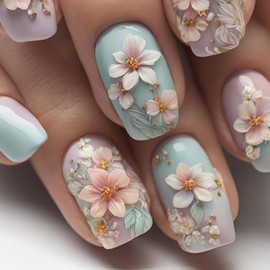 24 Pcs Pink White Gradient Flower Press on Nails Short Square Shaped Fake Nails with Floral Designs Purple Blue Glossy Full Cover Spring Flower Acrylic Nails Stick on Nails for Women Nail Art DIY