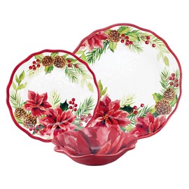 UPware 12 Piece Poinsettias Melamine Dinnerware Sets, Outdoor Dishes Set, Plates and Bowls Sets, Christmas Decorations, Service for 4, Red