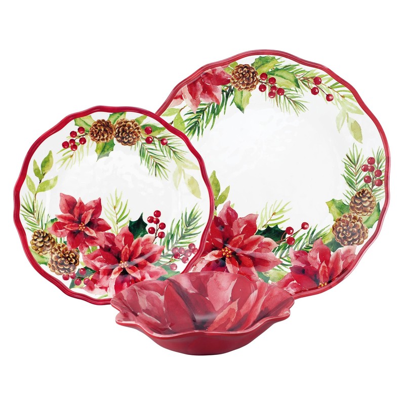 UPware 12 Piece Poinsettias Melamine Dinnerware Sets, Outdoor Dishes Set,