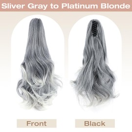 Felendy Ponytail Extension, 18" Claw Clip in Ponytail Extensions Curly Wavy Ponytail Hair Extension Jaw Clip on Long Pony Tails Hairpiece for Women Synthetic Sliver Gray to Platinum Blonde