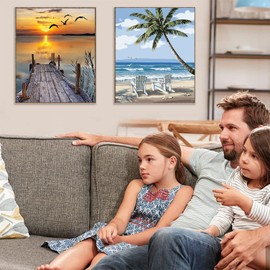 WUDWL Paint by Numbers Kit for Adults Framed Canvas, 4 Pack with Wooden Easel,Paint by Numbers for Kids Ages 8-12, Beach DIY Acrylic Landscape Oil Painting Arts Crafts, 9.45x11.8inch