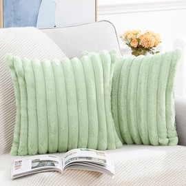 Madizz Set of 2 Faux Fur Plush Decorative Throw Pillow Covers 24x24 inch, 60x60 cm, Light Green Fluffy Striped Soft Decorative Cushion Cover for Sofa Bedroom Pillow Shell