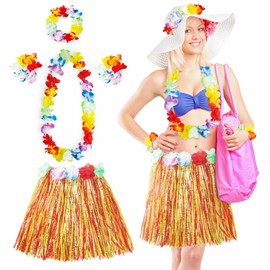 Aomig Hawaiian Grass Skirt, 5 Pcs Hawaiian Garlands, Tropical Fancy Colorful Dress Hawaiian Headband Necklace Wristband Flower, 60CM Hawaiian Leis Set for Kid, Adult, Women Summer Beach Tropical Party