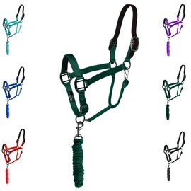 Majestic Ally Leather Halter with Matching Lead Rope for Horses – Leather Breakaway Crown - Adjustable Chin Strap – Rolled Throat Latch – Padded Noseband – Full (Hunter Green, Full)