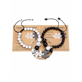 Top Plaza 2pcs Matching Couples Bracelets Long Distance Relationship Bracelets for Lover Crystal Black Agate White Turquoise Bracelets for Couples Him & Her Valentine's Day Gifts #Style 1