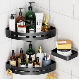 Uamector Shower Shelf No Drilling Corner - Bathroom Shelf Shower Basket - Rustproof Black Shower Shelf for Shower Gel - Shampoo Holder for Corner Shelf Shower (2 Corners + 1 Soap Stand)