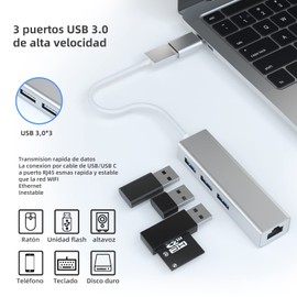 (con Adaptador USB C) 4 En 1 Adaptador USB Ethernet, Adaptador Ethernet USB 3.0, Tarjeta de Red LAN Ethernet 10/100Mbps, Hub USB C para PC, USB RJ45 Compatible con Windows 8/7/10, XP ,MAC, Linux etc.