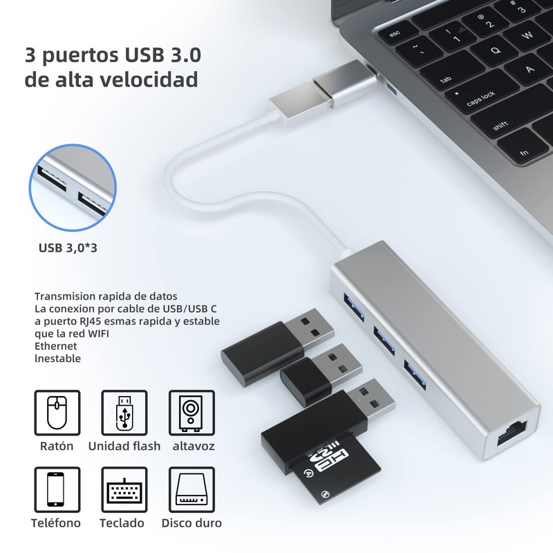 (con Adaptador USB C) 4 En 1 Adaptador USB Ethernet,
